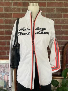 Harley-Davidson White Zip Windbreaker Jacket with Orange Stripe Accents